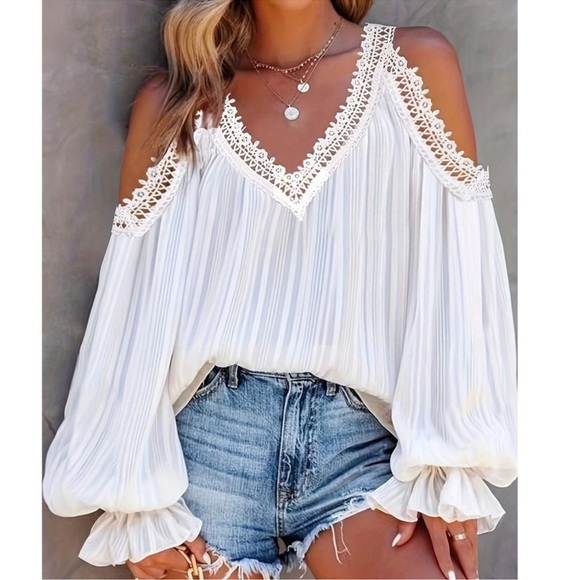 Boho White Lace Cold Shoulder Striped Loose Fit Blouse S M L XL XXL - Picture 1 of 5